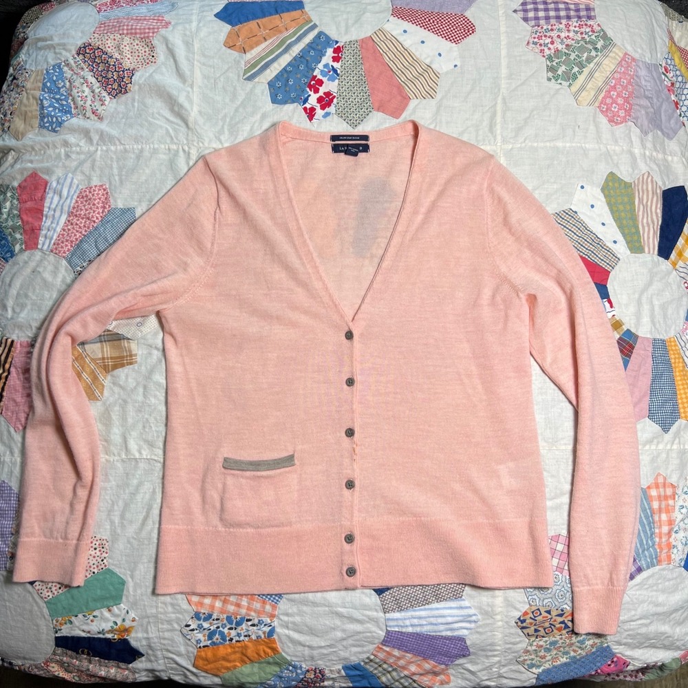 Lands' End Pink Italian Spun Merino Wool V-Neck Cardigan Sweater Womens Medium